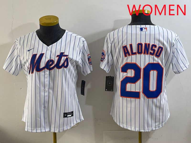Women New York Mets 20 Alonso White Stripe Game 2025 Nike MLB Jersey style 1